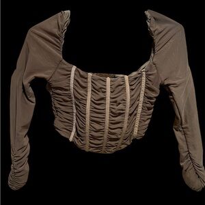 Ruched Long Sleeve Crop Top - brown